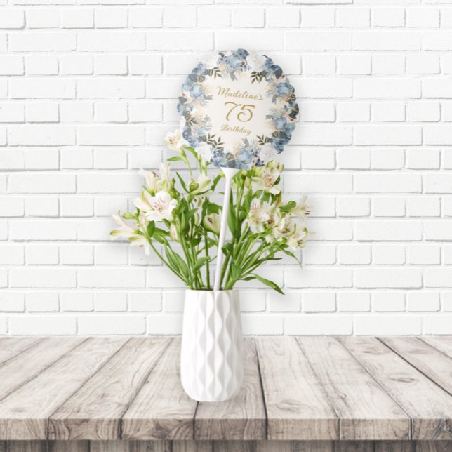 Dusty Blue White Floral 75th Birthday Name  Balloon (Elegant dusty blue and white watercolor floral birthday balloon customized with your own text.)