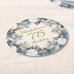 Dusty Blue White Floral 75th Birthday Name  Round Paper Coaster at Zazzle