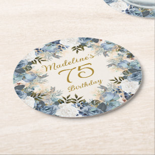 Dusty Blue White Floral 75th Birthday Name  Round Paper Coaster
