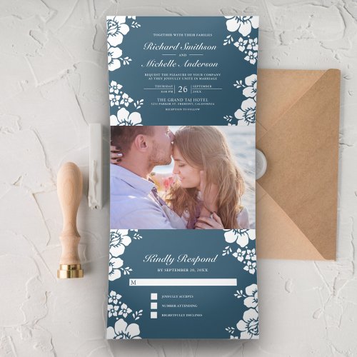 Dusty Blue White Floral All in One Photo Wedding Tri_Fold Invitation