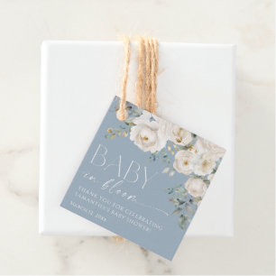 Dusty blue white floral baby in bloom boy shower favor tags