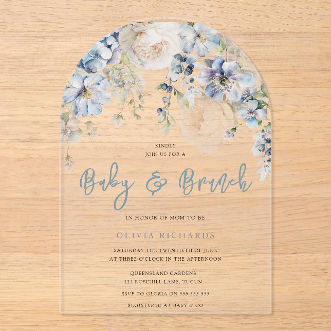Dusty Blue & White Floral Baby Shower Brunch Acrylic Invitations (Front)
