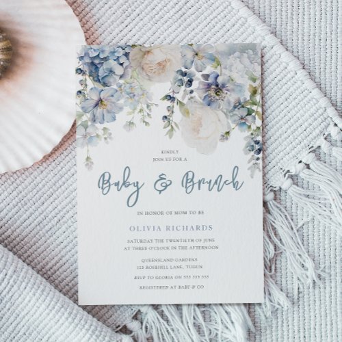 Dusty Blue  White Floral Baby Shower Brunch Invitation