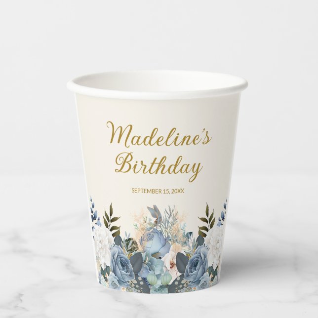 Dusty Blue White Floral Birthday Name Paper Cups (Front)