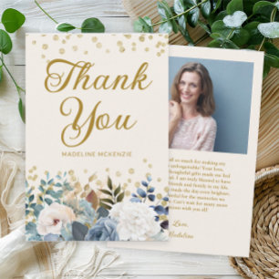 Dusty Blue White Floral Birthday Photo Thank You