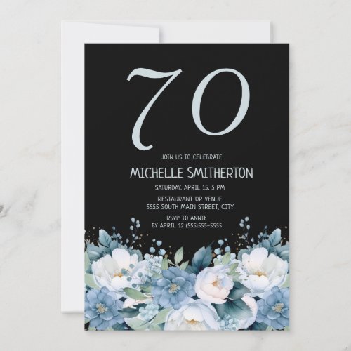 Dusty Blue White Floral Black 70th Birthday Invitation