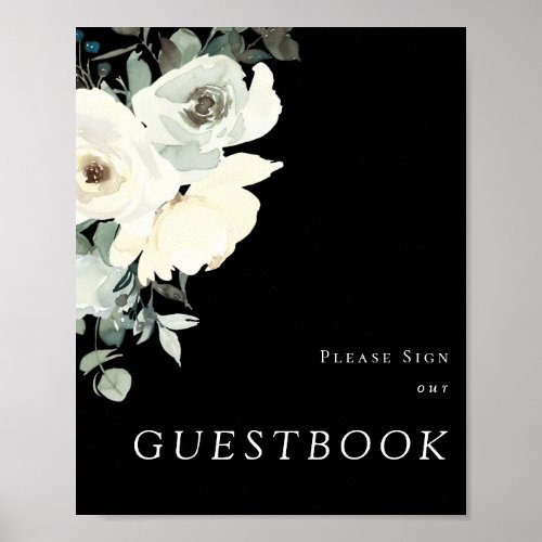 Dusty Blue  White Floral_ Black Guestbook Sign