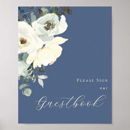 Dusty Blue  White Floral_ Blue Guestbook Sign