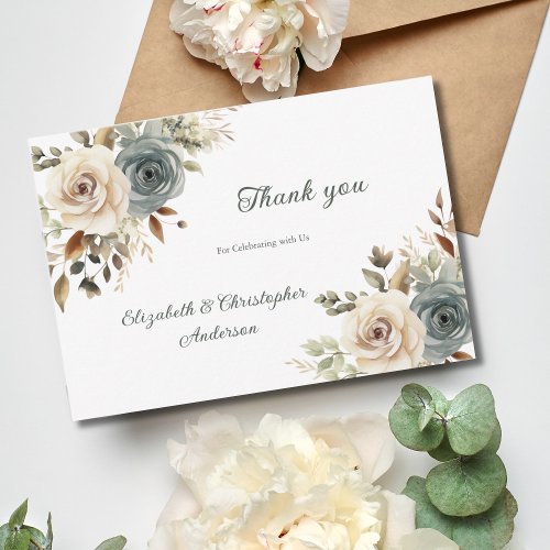 Dusty Blue White Floral Botanical Greenery Wedding Thank You Card