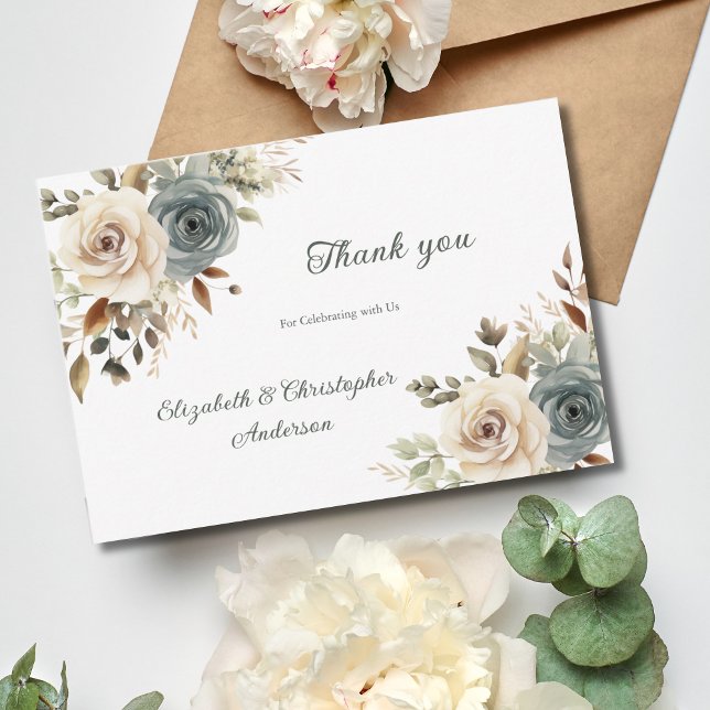 Dusty Blue White Floral Botanical Greenery Wedding Thank You Card (Dusty Blue White Beige Floral Botanical Wedding Thank you card)