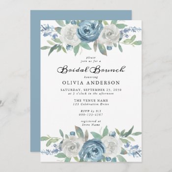 Dusty Blue & White Floral Bridal Brunch Invitation by oddowl at Zazzle