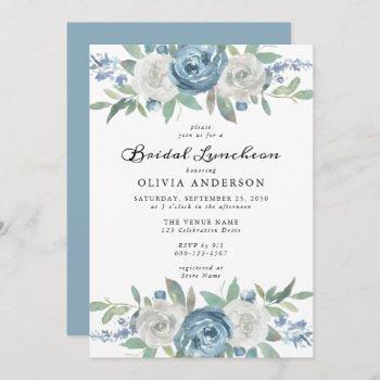 Dusty Blue & White Floral Bridal Luncheon Invitation by oddowl at Zazzle