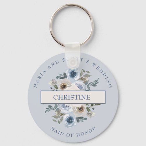Dusty Blue White Floral Bridal Party Keychain