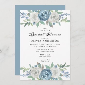 Dusty Blue & White Floral Bridal Shower Invitation by oddowl at Zazzle