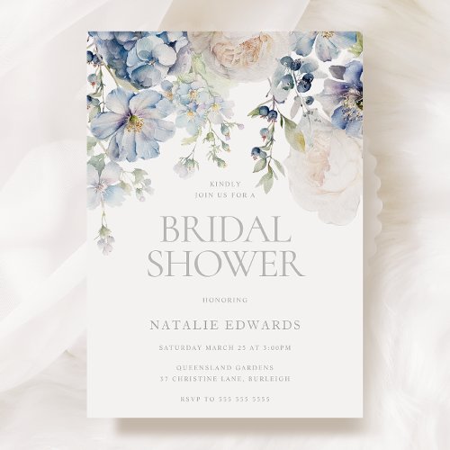 Dusty Blue  White Floral Bridal Shower Invitation