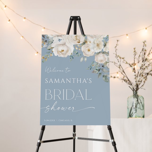 Dusty blue white floral bridal shower welcome foam board (In Situ (Stand))
