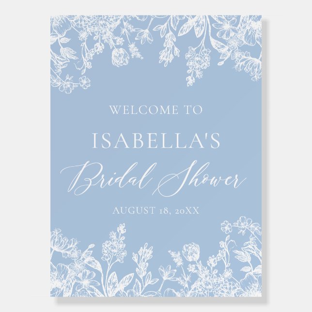 Dusty Blue White Floral Bridal Shower Welcome Sign (Front)