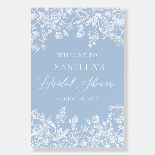 Dusty Blue White Floral Bridal Shower Welcome Sign (Front)