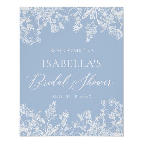 Dusty Blue White Floral Bridal Shower Welcome Sign