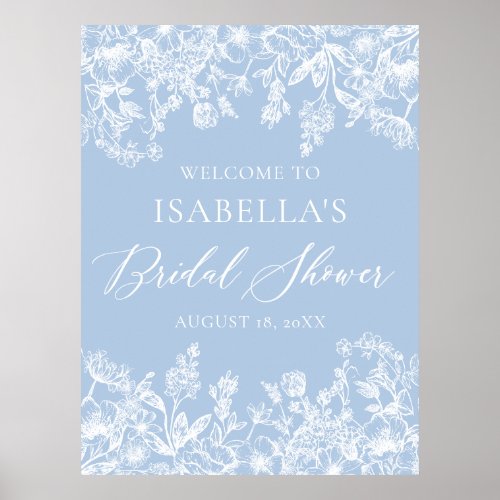 Dusty Blue White Floral Bridal Shower Welcome Sign