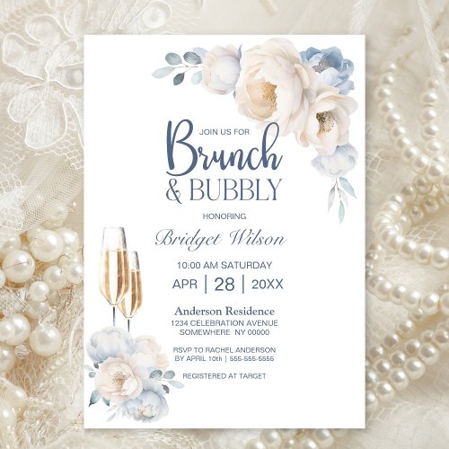 Dusty Blue White Floral Brunch and Bubbly Invitation