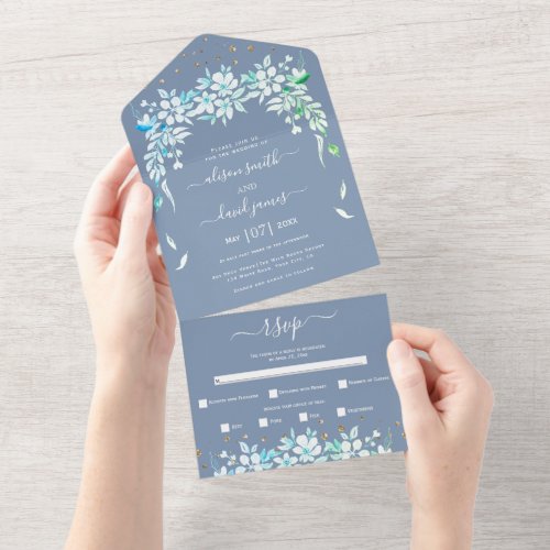 Dusty blue white floral cascading garland wedding all in one invitation