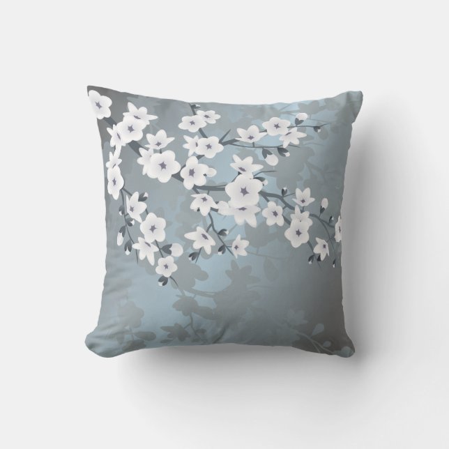 Dusty Blue White Floral Cherry Blossoms Throw Pillow (Front)