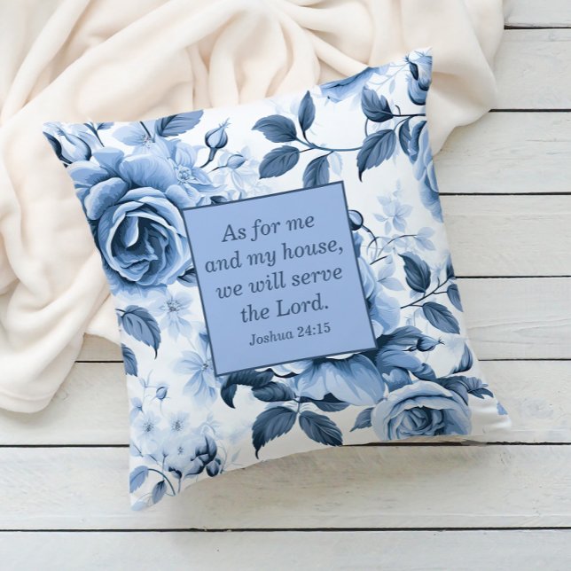 Dusty Blue White Floral Christian Bible Verse  Throw Pillow ("As for me and my house, we will serve the Lord." blue floral decorator pillow.)