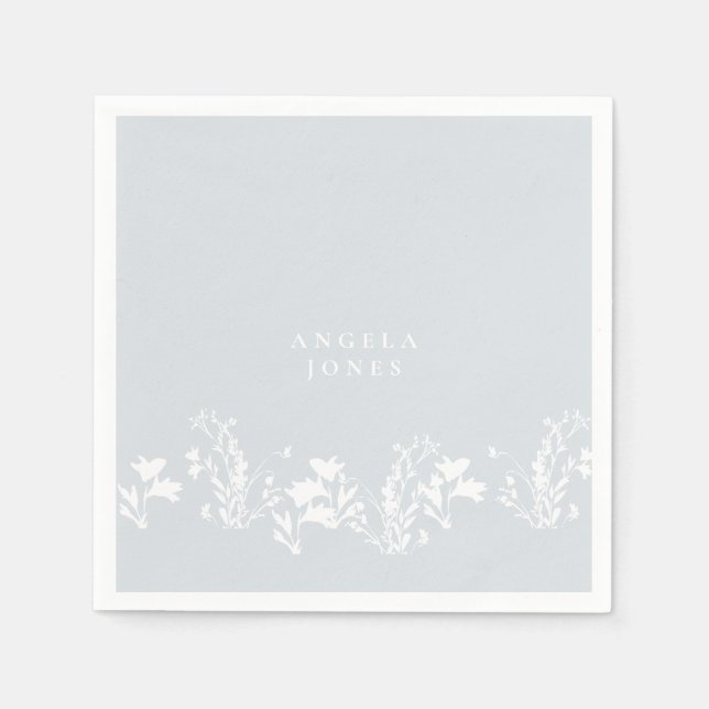 Dusty Blue White Floral Custom Bridal Shower Napkins (Front)
