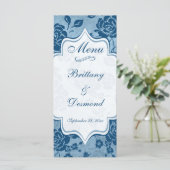 Dusty Blue, White Floral Damask Wedding Menu Card (Standing Front)