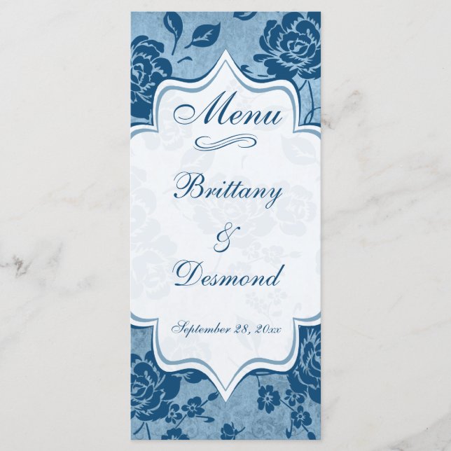 Dusty Blue, White Floral Damask Wedding Menu Card (Front)