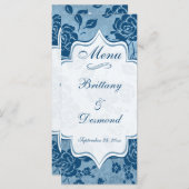 Dusty Blue, White Floral Damask Wedding Menu Card (Front/Back)