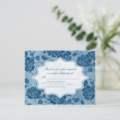 Dusty Blue, White Floral Damask Wedding RSVP Card (Standing Front)