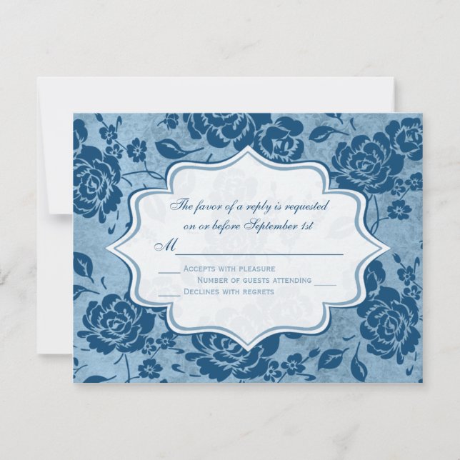 Dusty Blue, White Floral Damask Wedding RSVP Card (Front)