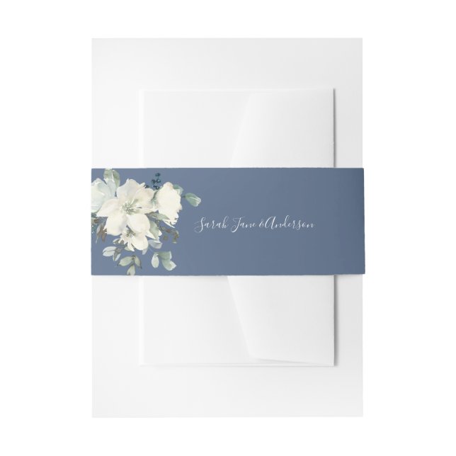 Dusty Blue & White Floral- Dusty Blue Invitation Belly Band (Front Example)