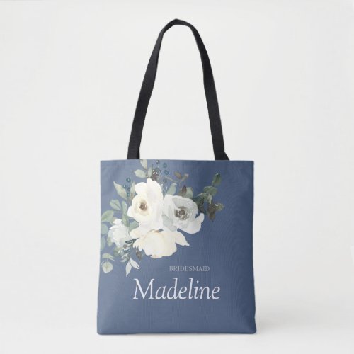 Dusty Blue  White Floral_ Dusty Blue Tote Bag