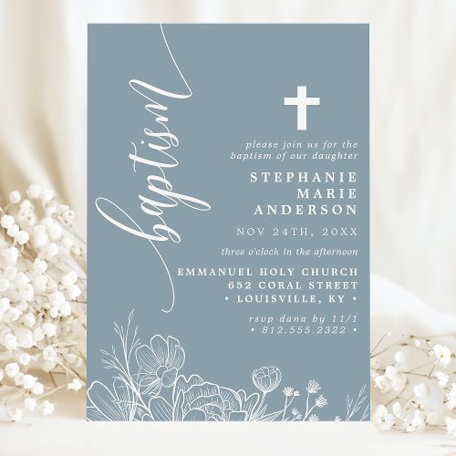Dusty Blue White Floral Elegant Script Baptism Invitation