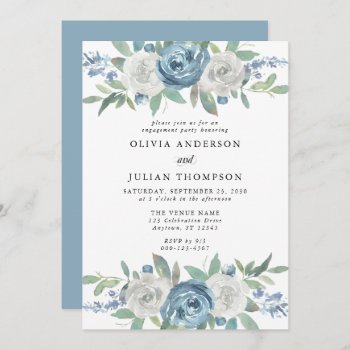 Dusty Blue & White Floral Engagement Party Invitation by oddowl at Zazzle