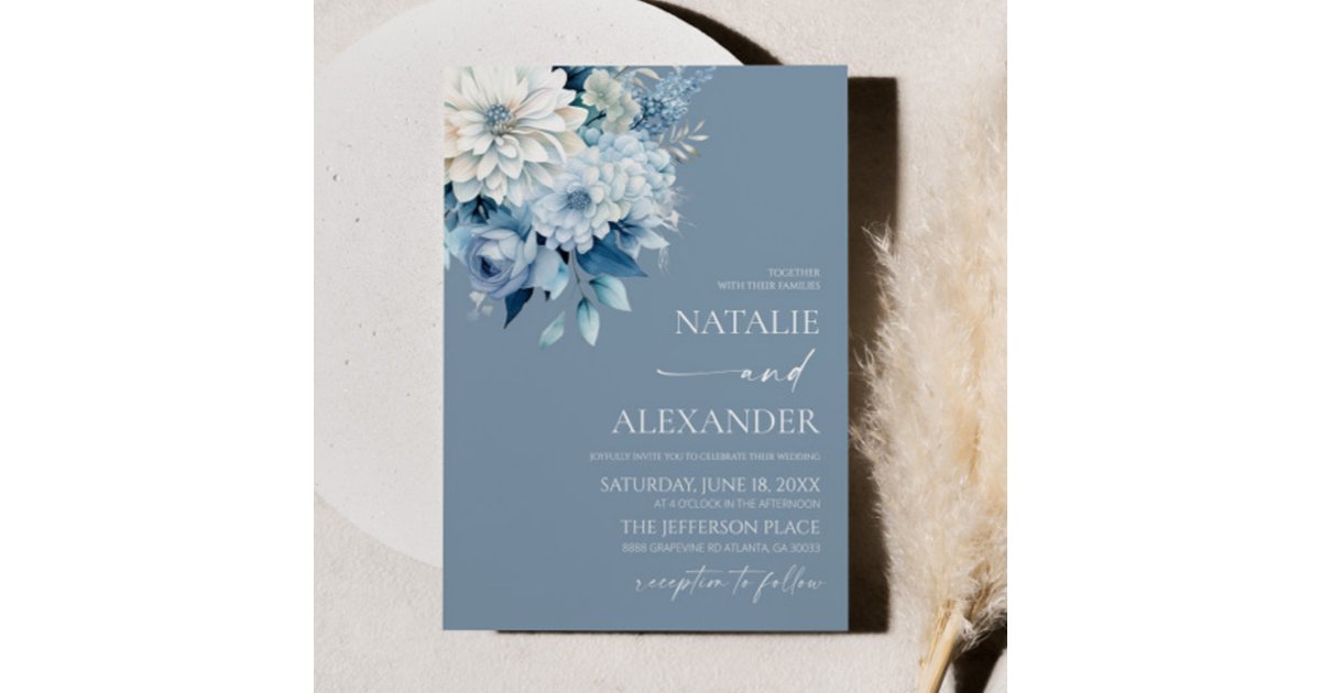 Dusty Blue White Floral Flower Garden Wedding Invitation | Zazzle