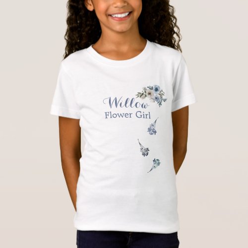 Dusty Blue White Floral Flower Girl _ Bride Tribe T_Shirt