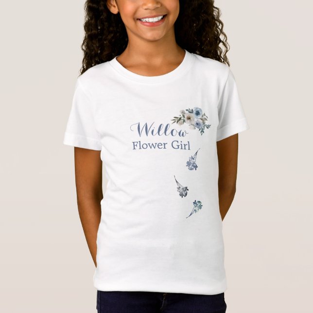 Dusty Blue White Floral Flower Girl - Bride Tribe T-Shirt (Front)