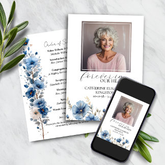 Dusty Blue White Floral Funeral Memorial Program