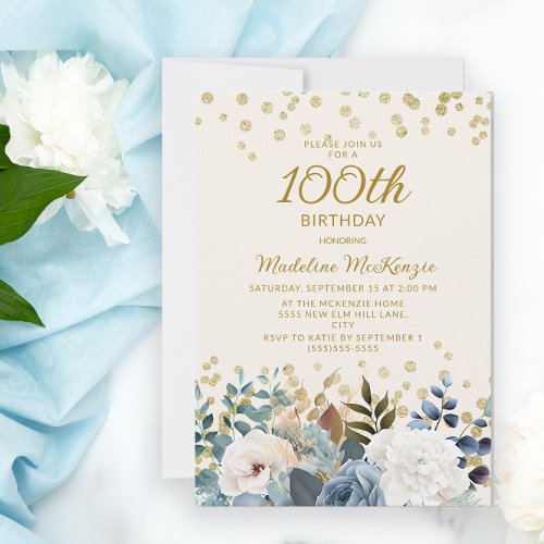 Dusty Blue White Floral Gold 100th Birthday Invitation