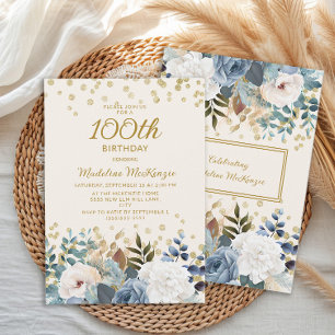 Dusty Blue White Floral Gold 100th Birthday Invitation
