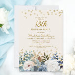 Dusty Blue White Floral Gold 18th Birthday Invitation<br><div class="desc">Elegant dusty blue and white roses,  floral,  and greenery women's 18th birthday party invitation with gold glitter. This invitation is printed on both sides. Contact me for assistance with your customizations or to request additional matching or coordinating Zazzle products for your party.</div>