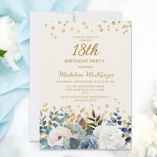 Dusty Blue White Floral Gold 18th Birthday Invitation