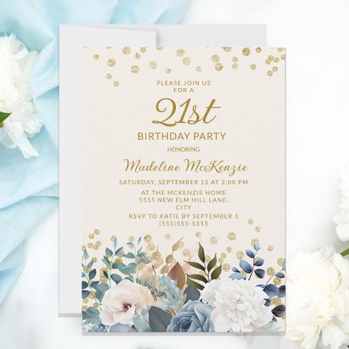 Dusty Blue White Floral Gold 21st Birthday Invitation