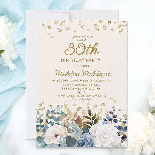 Dusty Blue White Floral Gold 30th Birthday Invitation