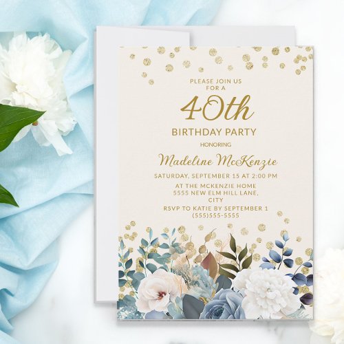 Dusty Blue White Floral Gold 40th Birthday Invitation