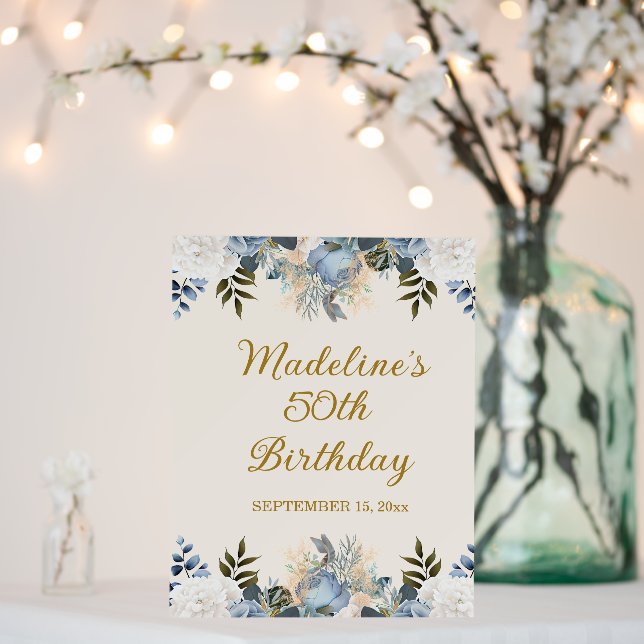 Dusty Blue White Floral Gold 50th Birthday Foam Board (In Situ (Wedding))